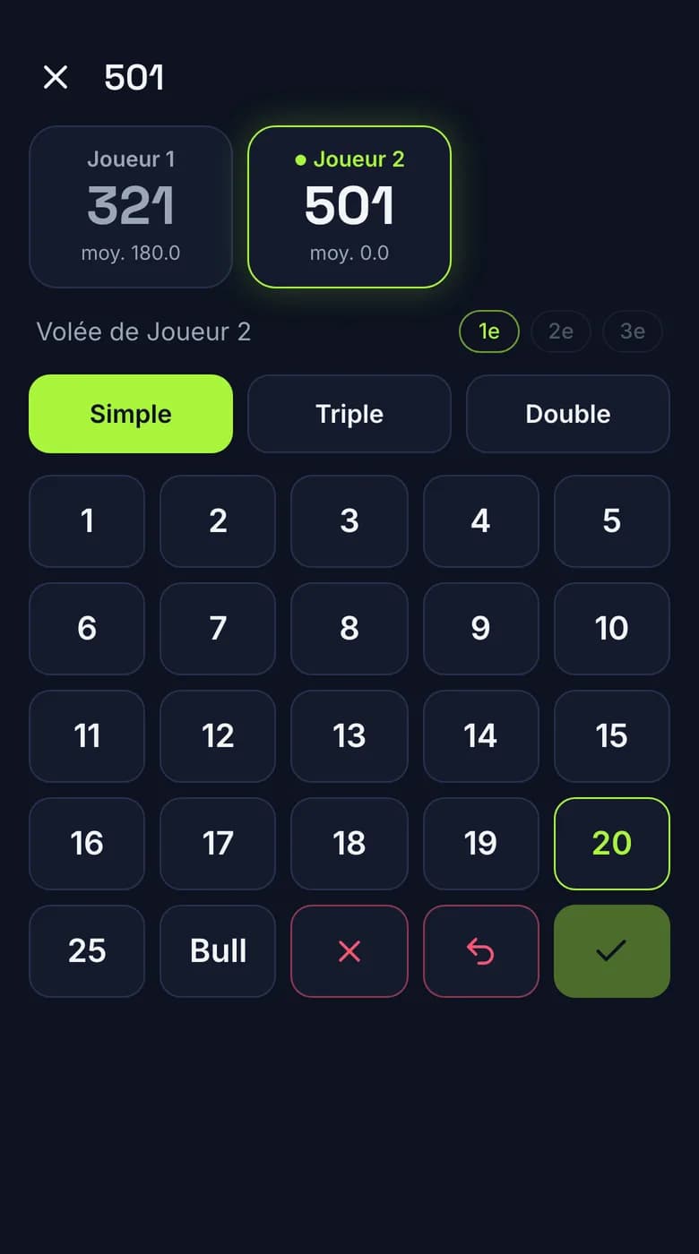 Plateau fléchettes 501 en cours de partie